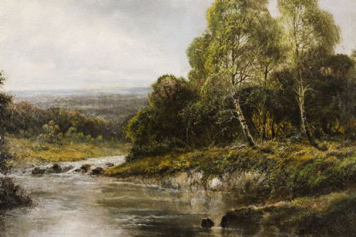 fig 3. An oil painting depicting a calm Welsh river flowing through wooded countryside framed in an ornate gilded frame.