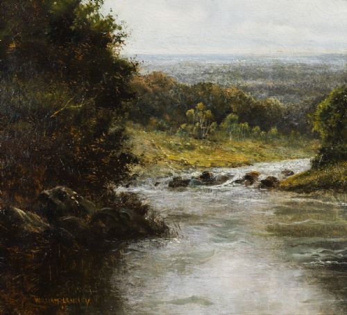 fig 4. An oil painting depicting a calm Welsh river flowing through wooded countryside framed in an ornate gilded frame.