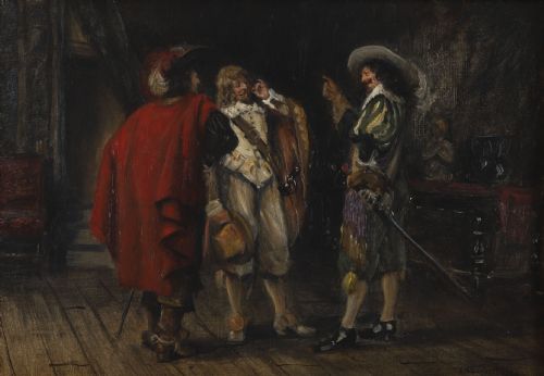 fig 1. Antique Oil Painting Three Cavaliers by Frank Moss Bennett Dated 1929 20th C