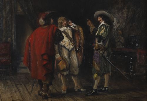 fig 2. Antique Oil Painting Three Cavaliers by Frank Moss Bennett Dated 1929 20th C