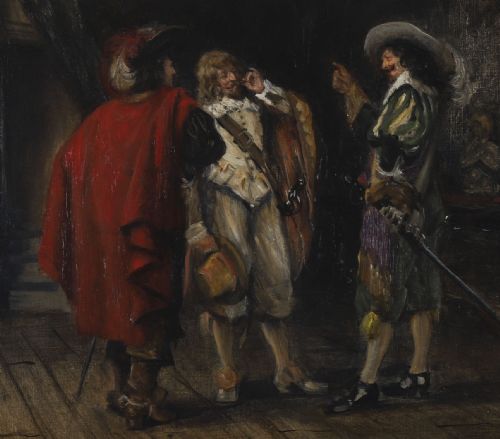 fig 3. Antique Oil Painting Three Cavaliers by Frank Moss Bennett Dated 1929 20th C