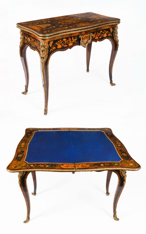 ANTIQUE FRENCH LOUIS REVIVAL FLORAL MARQUETRY CONSOLE CARD TABLE 19TH C - ADDITIONAL PHOTO 1