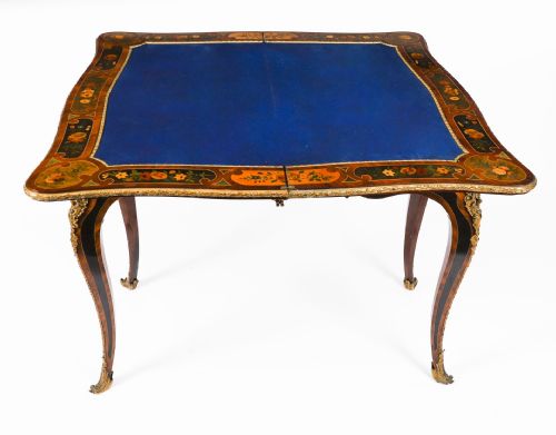 ANTIQUE FRENCH LOUIS REVIVAL FLORAL MARQUETRY CONSOLE CARD TABLE 19TH C - ADDITIONAL PHOTO 2