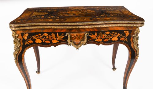 ANTIQUE FRENCH LOUIS REVIVAL FLORAL MARQUETRY CONSOLE CARD TABLE 19TH C - ADDITIONAL PHOTO 3
