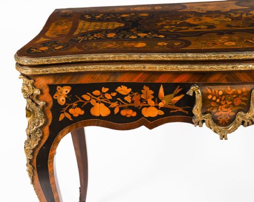 ANTIQUE FRENCH LOUIS REVIVAL FLORAL MARQUETRY CONSOLE CARD TABLE 19TH C - ADDITIONAL PHOTO 5