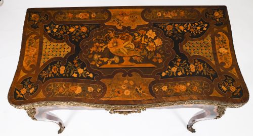 ANTIQUE FRENCH LOUIS REVIVAL FLORAL MARQUETRY CONSOLE CARD TABLE 19TH C - ADDITIONAL PHOTO 6