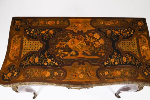 ANTIQUE FRENCH LOUIS REVIVAL FLORAL MARQUETRY CONSOLE CARD TABLE 19TH C - ADDITIONAL PHOTO 7
