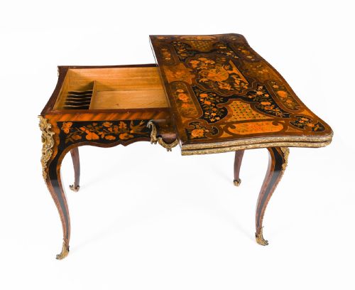 ANTIQUE FRENCH LOUIS REVIVAL FLORAL MARQUETRY CONSOLE CARD TABLE 19TH C - ADDITIONAL PHOTO 11