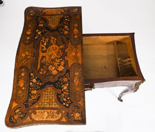 ANTIQUE FRENCH LOUIS REVIVAL FLORAL MARQUETRY CONSOLE CARD TABLE 19TH C - ADDITIONAL PHOTO 13