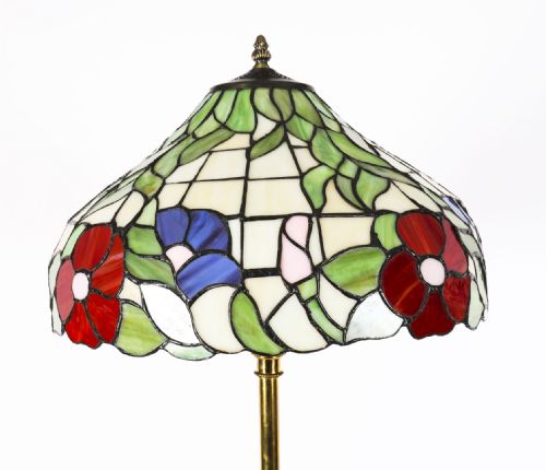 fig 1. Antique Tiffany Revival Glass Ormolu & Satin wood Standard Lamp Early 20th Century