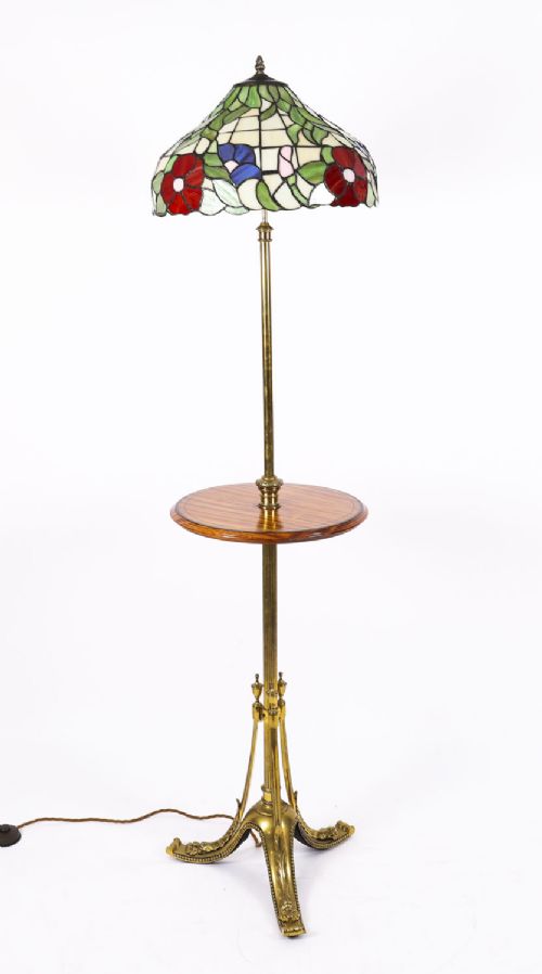 fig 2. Antique Tiffany Revival Glass Ormolu & Satin wood Standard Lamp Early 20th Century