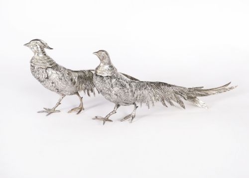 Antique Pair German 800 Silver Pheasants 19th Century