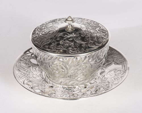 fig 1. Antique French Silver Engraved & Cut Crystal Butter Dish 19th C