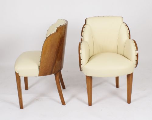 fig 1. Antique Set 8 Art Deco Burr Walnut Cream Leather Cloud Back Chairs C1930