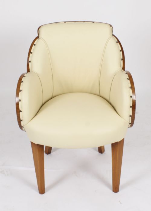 fig 2. Antique Set 8 Art Deco Burr Walnut Cream Leather Cloud Back Chairs C1930