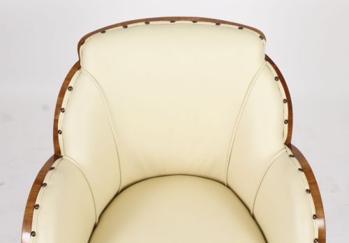 fig 3. Antique Set 8 Art Deco Burr Walnut Cream Leather Cloud Back Chairs C1930