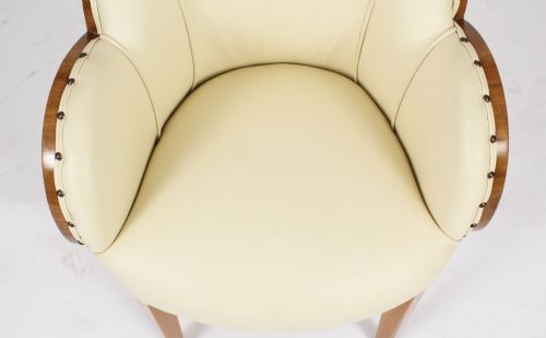 fig 5. Antique Set 8 Art Deco Burr Walnut Cream Leather Cloud Back Chairs C1930