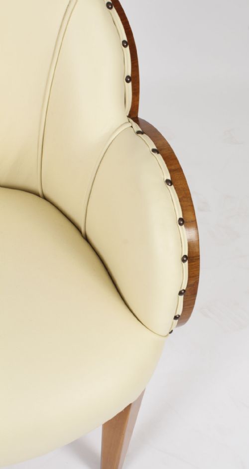 fig 6. Antique Set 8 Art Deco Burr Walnut Cream Leather Cloud Back Chairs C1930