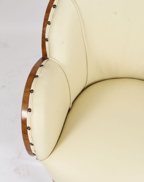 fig 7. Antique Set 8 Art Deco Burr Walnut Cream Leather Cloud Back Chairs C1930