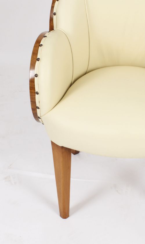 fig 8. Antique Set 8 Art Deco Burr Walnut Cream Leather Cloud Back Chairs C1930