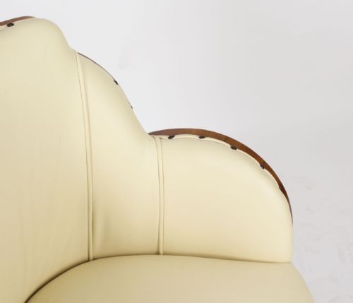 fig 9. Antique Set 8 Art Deco Burr Walnut Cream Leather Cloud Back Chairs C1930
