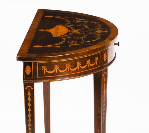 fig 2. Antique Pair Marquetry Demi Lune Console Tables By Edwards & Roberts 19th C