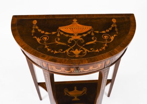 fig 3. Antique Pair Marquetry Demi Lune Console Tables By Edwards & Roberts 19th C