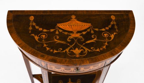 fig 4. Antique Pair Marquetry Demi Lune Console Tables By Edwards & Roberts 19th C