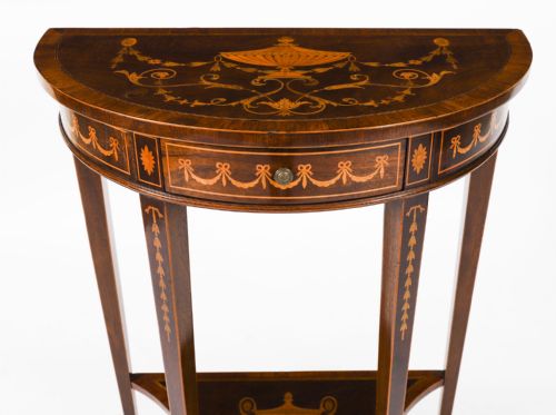 fig 5. Antique Pair Marquetry Demi Lune Console Tables By Edwards & Roberts 19th C