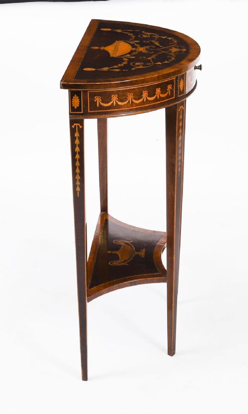 fig 6. Antique Pair Marquetry Demi Lune Console Tables By Edwards & Roberts 19th C