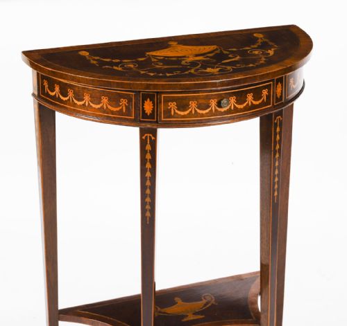 fig 7. Antique Pair Marquetry Demi Lune Console Tables By Edwards & Roberts 19th C