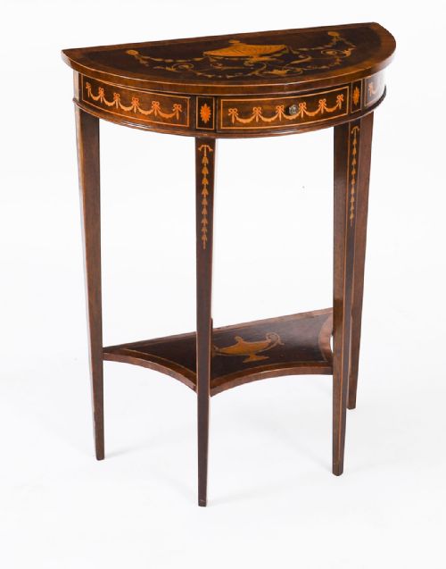 fig 8. Antique Pair Marquetry Demi Lune Console Tables By Edwards & Roberts 19th C