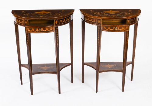 fig 9. Antique Pair Marquetry Demi Lune Console Tables By Edwards & Roberts 19th C