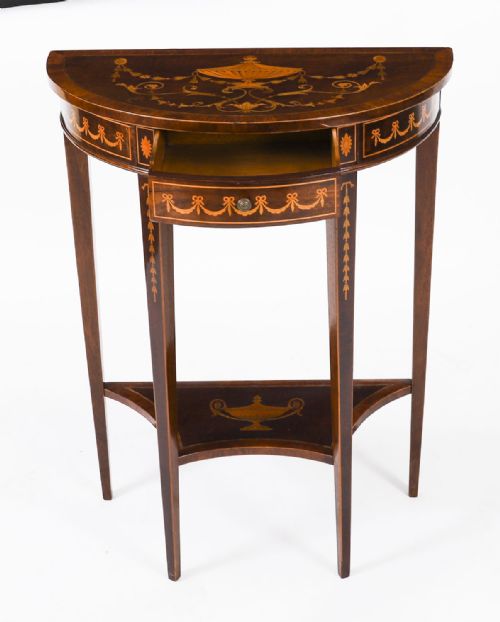 fig 10. Antique Pair Marquetry Demi Lune Console Tables By Edwards & Roberts 19th C