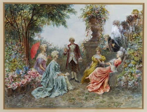 ANTIQUE WATERCOLOUR 'THE GARDEN MUSIC RECITAL' BY MARTINETTI 19THC 83X102CM - ADDITIONAL PHOTO 1