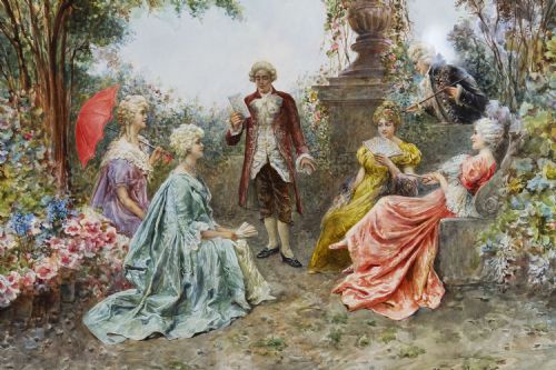 ANTIQUE WATERCOLOUR 'THE GARDEN MUSIC RECITAL' BY MARTINETTI 19THC 83X102CM - ADDITIONAL PHOTO 2