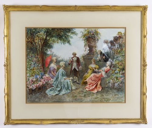 ANTIQUE WATERCOLOUR 'THE GARDEN MUSIC RECITAL' BY MARTINETTI 19THC 83X102CM - ADDITIONAL PHOTO 6