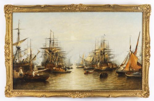 Antique Oil Painting Harboured Naval Flotilla Att Francis Moltino 19thc 92x143cm