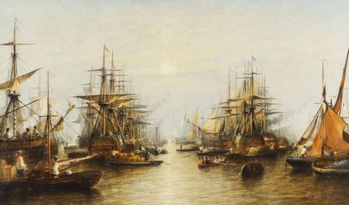 fig 1. Antique Oil Painting Harboured Naval Flotilla Att Francis Moltino 19thC 92x143cm