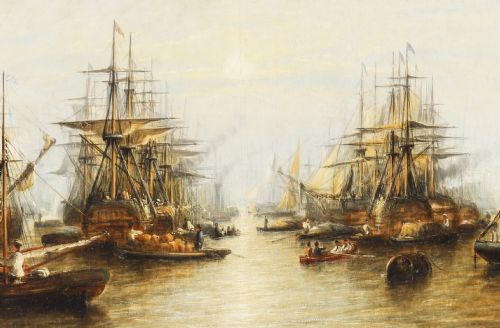 fig 2. Antique Oil Painting Harboured Naval Flotilla Att Francis Moltino 19thC 92x143cm