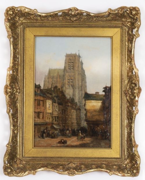 fig 1. A pair of 19th-century architectural oil paintings depicting European cathedral street scenes framed in heavy ornate gilded frames.