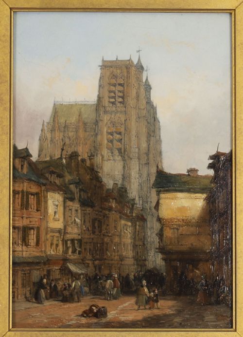 fig 3. A pair of 19th-century architectural oil paintings depicting European cathedral street scenes framed in heavy ornate gilded frames.