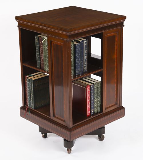fig 1. Antique Inlaid Flame Mahogany Revolving Bookcase Circa 1900