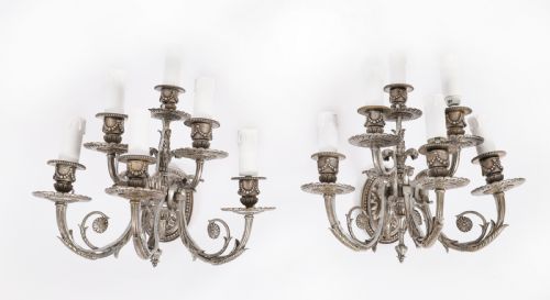 ANTIQUE SET 4 LOUIS VI REVIVAL SILVER PLATED SIX BRANCH WALL LIGHTS 20TH C - ADDITIONAL PHOTO 1