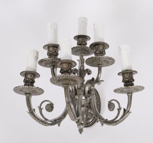 ANTIQUE SET 4 LOUIS VI REVIVAL SILVER PLATED SIX BRANCH WALL LIGHTS 20TH C - ADDITIONAL PHOTO 2