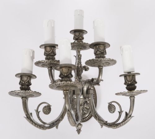 ANTIQUE SET 4 LOUIS VI REVIVAL SILVER PLATED SIX BRANCH WALL LIGHTS 20TH C - ADDITIONAL PHOTO 3