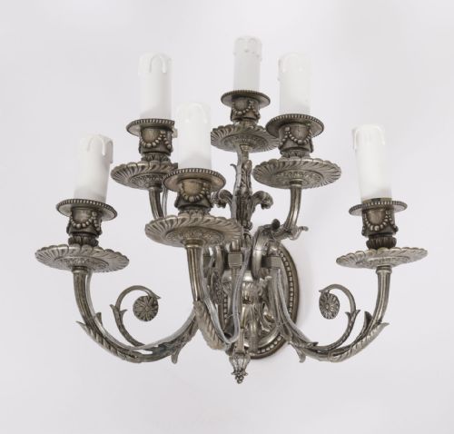 ANTIQUE SET 4 LOUIS VI REVIVAL SILVER PLATED SIX BRANCH WALL LIGHTS 20TH C - ADDITIONAL PHOTO 7