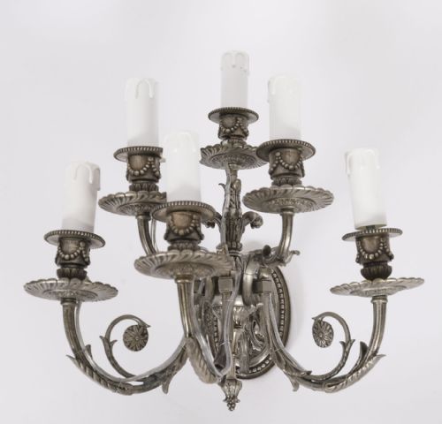 ANTIQUE SET 4 LOUIS VI REVIVAL SILVER PLATED SIX BRANCH WALL LIGHTS 20TH C - ADDITIONAL PHOTO 9