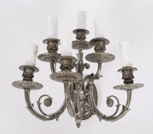 ANTIQUE SET 4 LOUIS VI REVIVAL SILVER PLATED SIX BRANCH WALL LIGHTS 20TH C - ADDITIONAL PHOTO 13