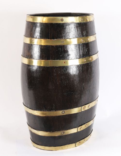 fig 1. Antique Oval Brass Bound Barrel Umbrella Stick Stand 19th C